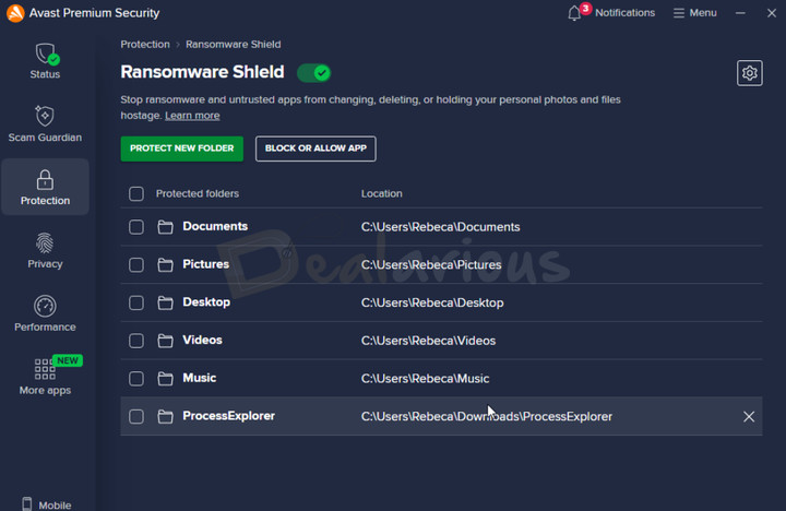 Avast Premium Security Ransomware Shield Ransomware Shield Panel with Ransomware Shield enabled and a list of protected folders.