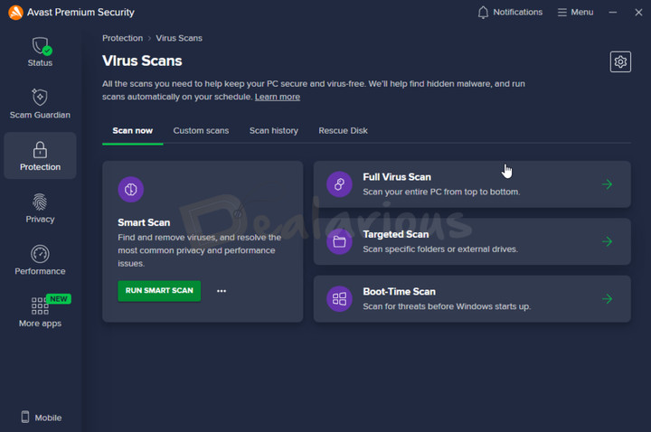 Avast Premium Security Scanning Avast Premium Security window displaying virus scan options including Smart Scan, Full Virus Scan, Targeted Scan, Boot-Time Scan, along with other options.