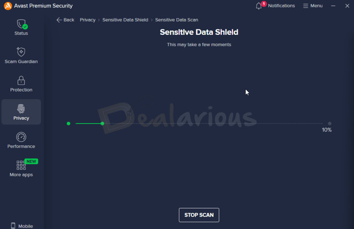 Avast Premium Security Sensitive Data Shield Avast Sensitive Data Shield actively scanning for sensitive files to protect.