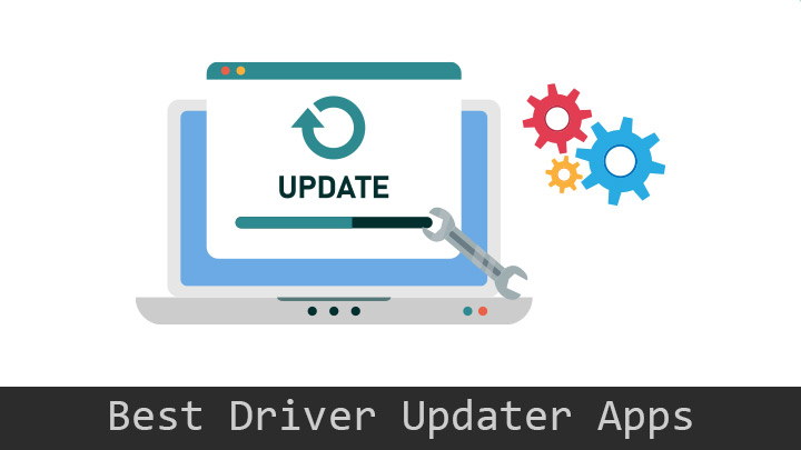 Best-driver-updater-apps-for-windows Illustration of a laptop showing a system update with gears and tools, representing driver updater software for Windows.
