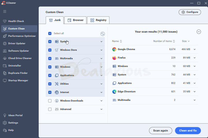CCleaner-7-Custom-Clean-Interface CCleaner 7 Custom Clean section showing Junk, Browser and Registry cleaning options.