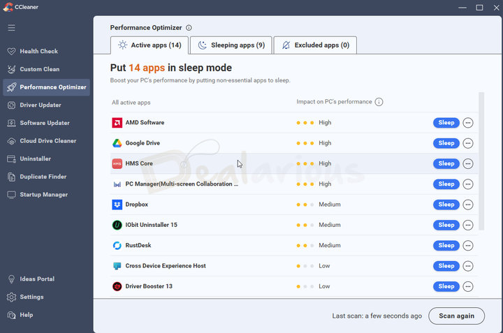 CCleaner 7 Pro Performance Optimizer CCleaner Pro 7 Performance Optimizer showing sections for Active Apps, Sleeping Apps, and Excluded Apps