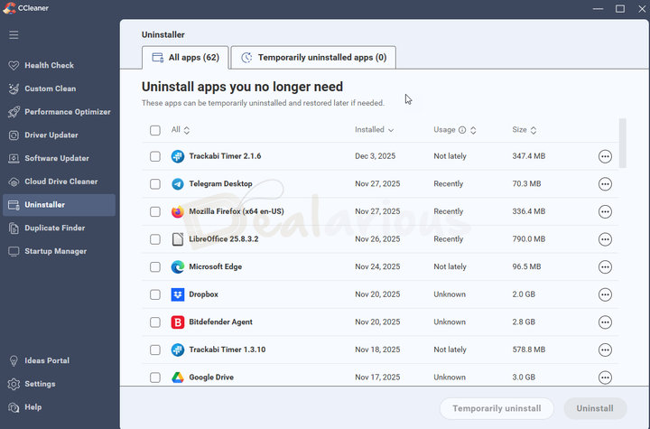 CCleaner-7-Uninstaller-Feature Uninstaller section in CCleaner 7 showing all installed apps, allowing you to uninstall or temporarily uninstall apps.