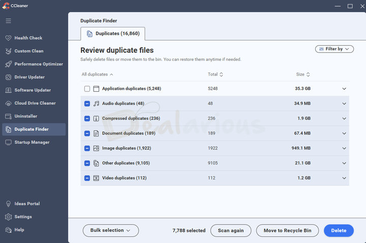CCleaner-Duplicate-Finder CCleaner 7 Duplicate Finder tool showing duplicate files that you can delete to free up disk space.