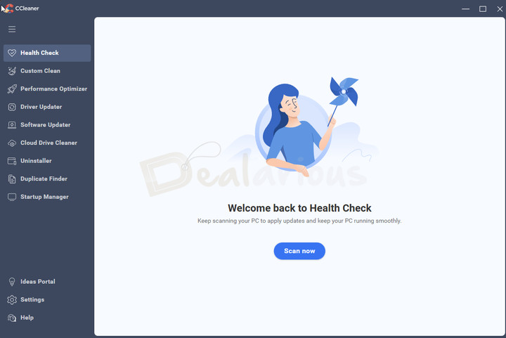 CCleaner Pro 7 Dashboard CCleaner Pro 7 home screen displaying PC Health Check, Custom Clean, Driver Updater, and Performance Optimizer options.