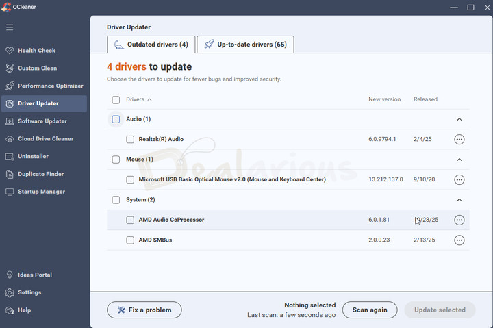 CCleaner Pro Driver Updater Driver Updater feature in CCleaner showing outdated drivers and up-to-date drivers.