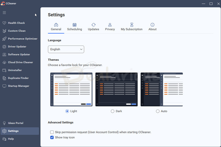 CCleaner Pro Settings The Settings section in CCleaner 7 with General, Scheduling, Updates, Privacy, My subscription and About tabs.
