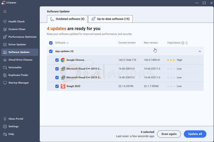 CCleaner Pro Software Updater CCleaner Software Updater dashboard displaying list of outdated software that needs update and up-to-date software.