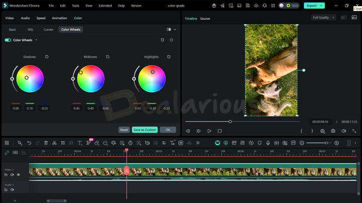 Color Grading in Wondershare Filmora Filmora 15 color grading panel with color wheels to adjust shadows, midtones, and highlight.
