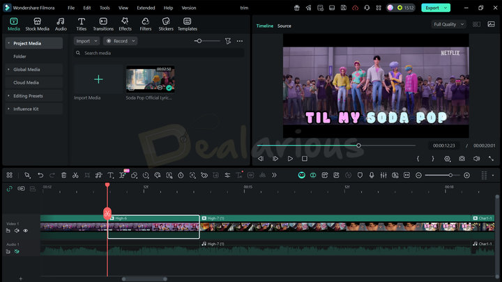 Filmora 15 Trimming Wondershare Filmora 15 trimming interface showing timeline clip selection and cut controls.