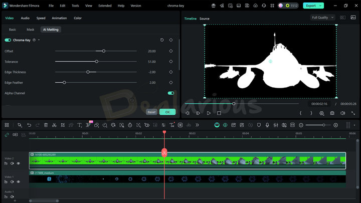 Filmora Chroma Key Alpha Channel Option Filmora editing window showing the Chroma Key feature with Alpha Channel enabled.