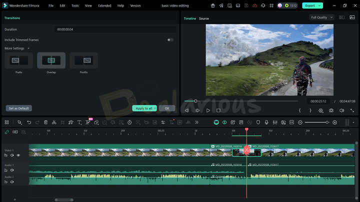 Filmora Transition Settings The Transition settings panel displaying options with duration control, Include Trimmed Frames, and Prefix, Overlap, and Postfix transition modes.