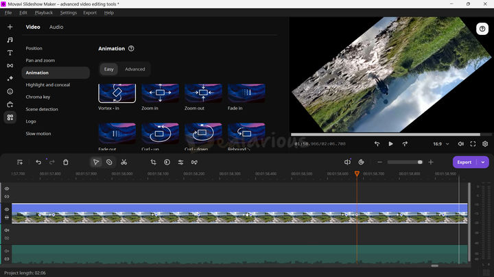 Movavi Slideshow Maker Animation Animation panel showing animation options on the left and a preview of a rotating video effect on the right.