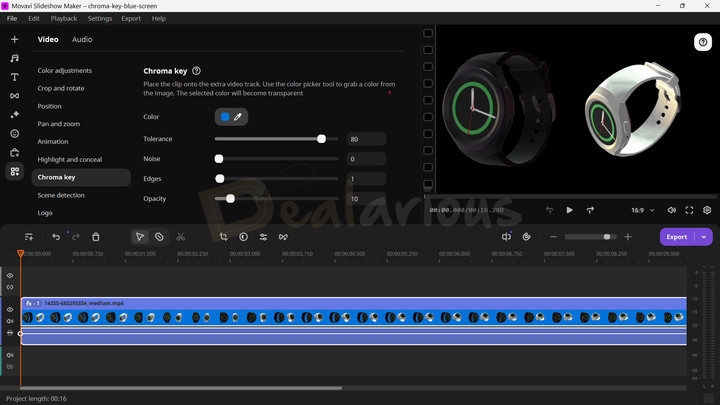 Movavi Slideshow Maker Chroma Key Removing background from blue screen video with chroma key tool and adjusting tolerance, noise, edges, opacity using slider.