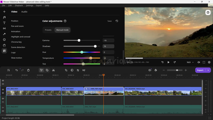 Movavi Slideshow Maker Color Adjustments Movavi Slideshow Maker displaying color adjustment panel on the left with different options to color correct a selected clip on the timeline at the bottom and preview on the right.