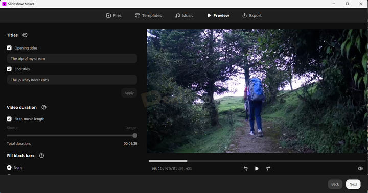 Movavi Slideshow Maker Preview in Wizard Movavi Slideshow Wizard's Preview mode displaying a preview of a slideshow project on the right, with quick slideshow adjustment options such as opening titles, end titles, fit to music length, and fill black bars on the left.