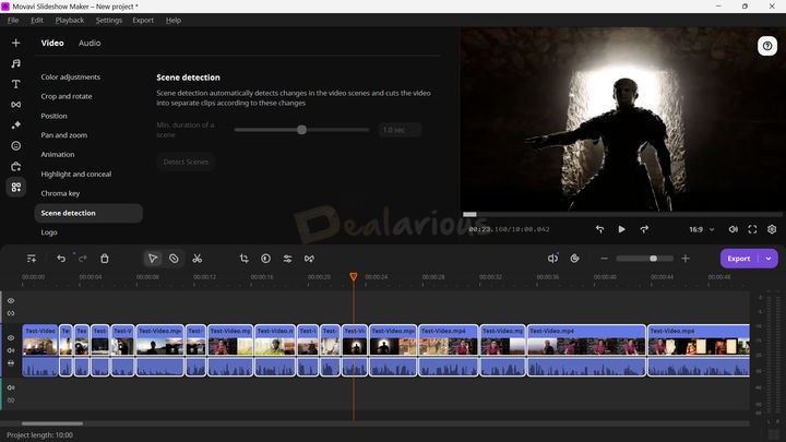 Movavi Slideshow Maker Scene Detection Movavi Slideshow Maker displaying the completed Scene Detection process, using a 1-second interval and automatically splitted a 10-minute video into multiple clips.