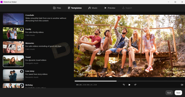 Movavi Slideshow Maker Templates in Wizard Quick glance at Movavi Slideshow Wizard template collection, with categories like Family, Memories, Travel, Love Story, and Birthday on the left. On the right a preview of the selected Travel template is displayed.