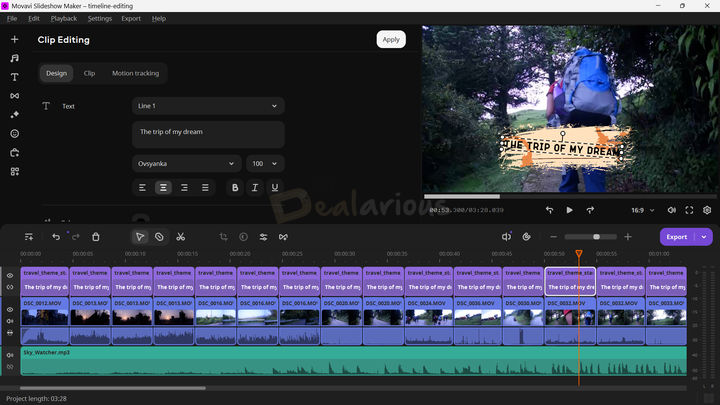 Movavi Slideshow Maker Timeline Movavi Slideshow Maker in Manual Mode displaying ongoing editing project. The left panel shows title track editing options including text lines, font selection, font size, text alignment, and formatting tools like bold, italics, and underline. A live preview on the right, and timeline at the bottom with multiple title tracks, clips, and audio tracks.