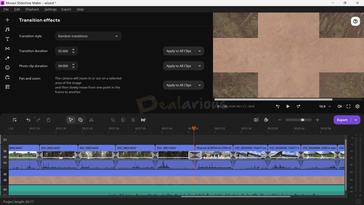 Movavi Slideshow Maker Transitions Manually adjusting applied transition effect in Movavi Slideshow Maker for smooth scene changes.