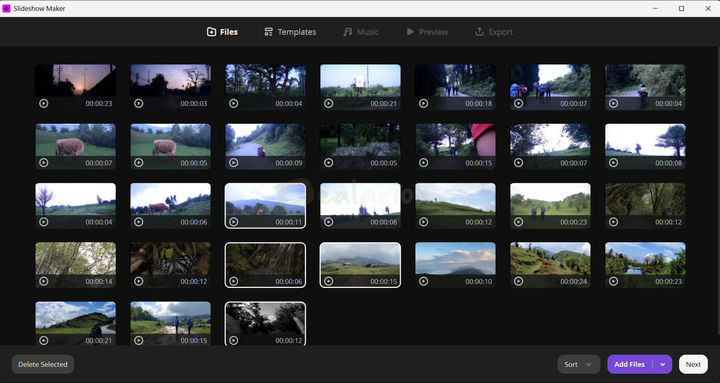 Movavi Slideshow Maker Wizard Add Files Movavi Slideshow Maker media library displaying imported video clips ready for creating a slideshow project.