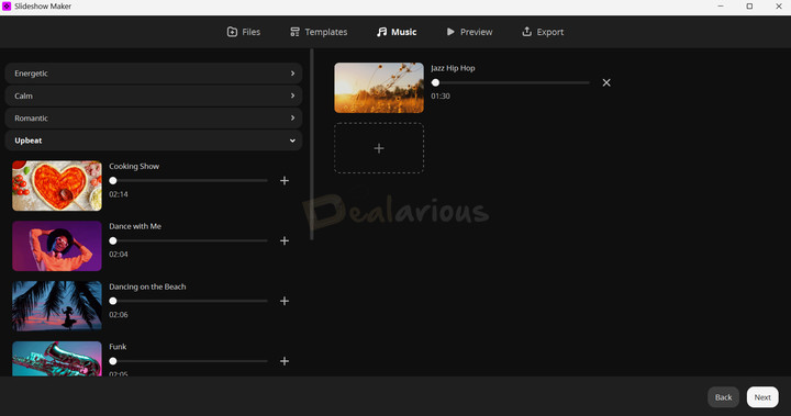 Movavi Slideshow Maker Wizard Add Music Movavi Slideshow Maker’s music selection panel displaying a list of music style categories on the left, and the chosen audio on the right with an option to add music from the local drive.