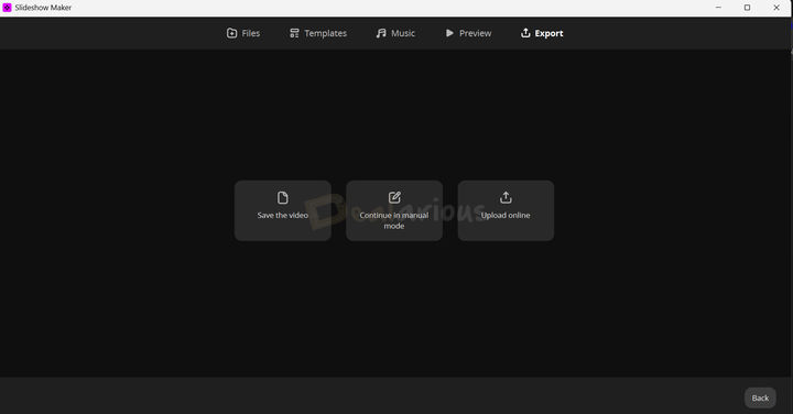 Movavi Slideshow Maker Wizard Export Movavi Slideshow Wizard Export Panel displaying three options: Save the video, Continue in manual mode, and Upload Online.