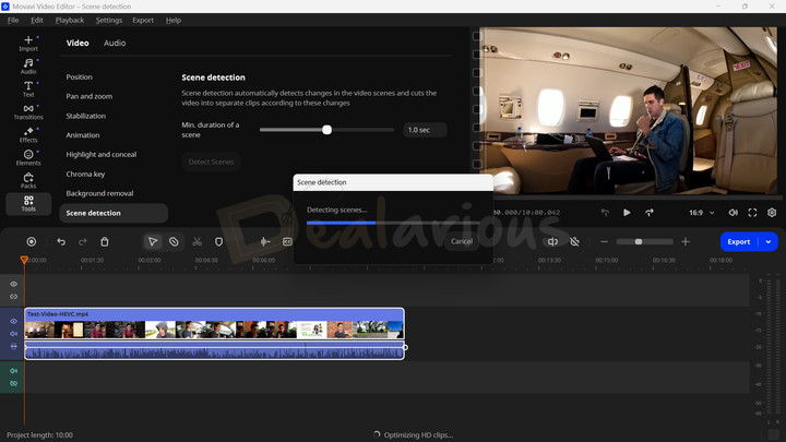 Movavi Video Editor Scene Detection Movavi Video Editor Scene Detection feature analyzing video scenes.