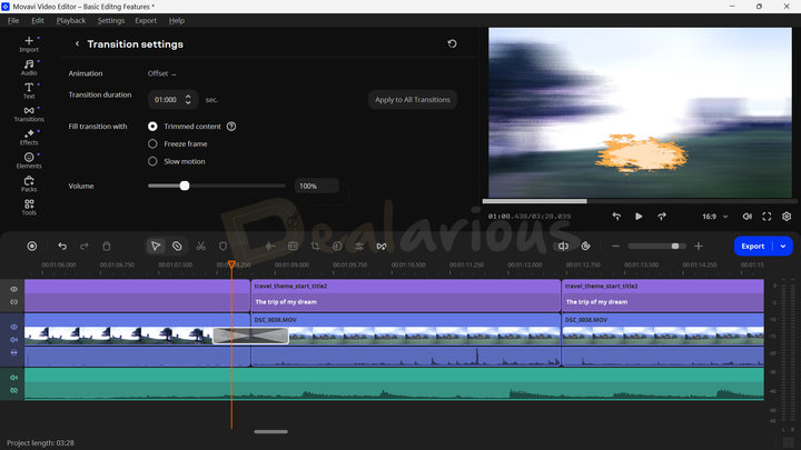 Movavi Video Editor Transition Settings Manually adjusting applied transition effect in Movavi Video Editor for smooth scene changes.