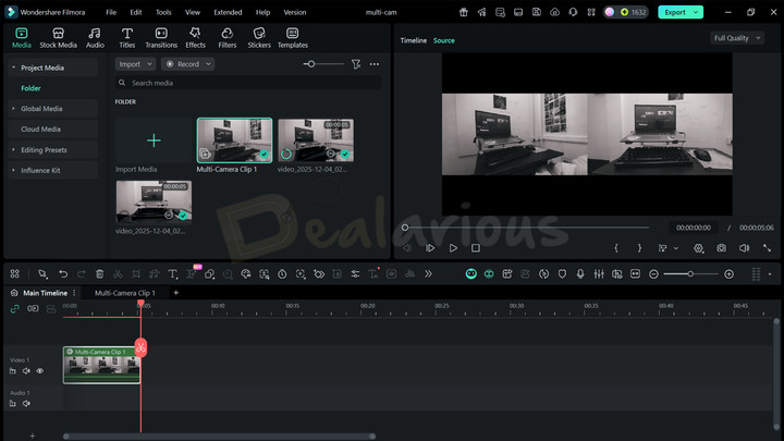 Multi-camera editing in Wondershare Filmora 15 Filmora 15 multicam editing layout showing multiple camera angles synced on the timeline.