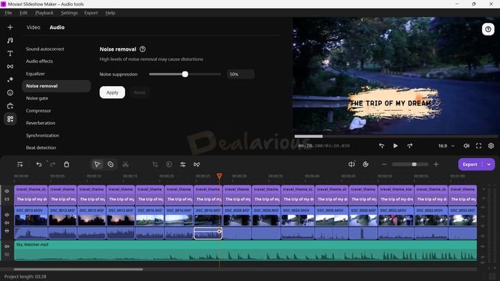Noise Remover Movavi Slideshow Maker Noise Remover feature on display with option to adjust noise suppression using slider.