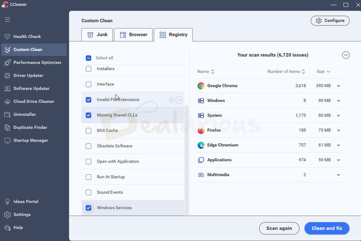 Registry Cleaning in CCleaner Pro CCleaner 7 Custom Clean screen showing the Registry category for scanning and fixing invalid registry entries.