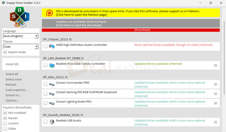 Snappy-Driver-Installer Snappy Driver Installer interface displaying a list of drivers and devices, with missing drivers highlighted in red, system information, driver pack updates, and installation options at the top, and expert mode options on the left panel.