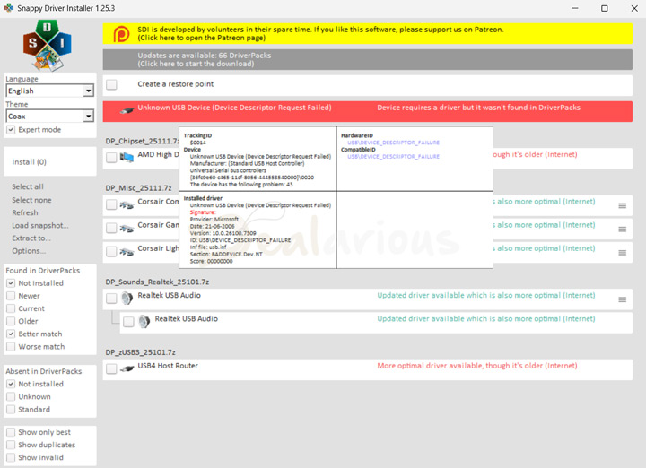 Snappy-Driver-peripheral-details Snappy Driver Installer window highlighting an unknown USB device error, showing ‘Device Descriptor Request Failed’ details and available Realtek USB audio driver options.