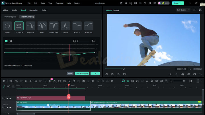 Speed Ramping in Wondershare Filmora Filmora 15 speed ramping screen showing keyframe-based speed curve adjustments along with 5 speed ramping presets.
