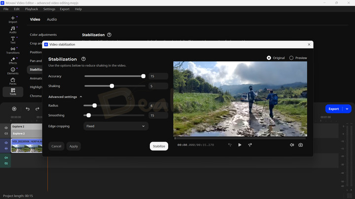 Stabilization Settings Movavi Video Editor Movavi's stabilization panel showing options for Accuracy, Skaking, Radius, Smoothing, and Edge cropping.