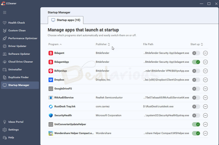 Startup Manager in CCleaner CCleaner 7 Startup Manager window showing options to manage apps that launch automatically at Windows startup.