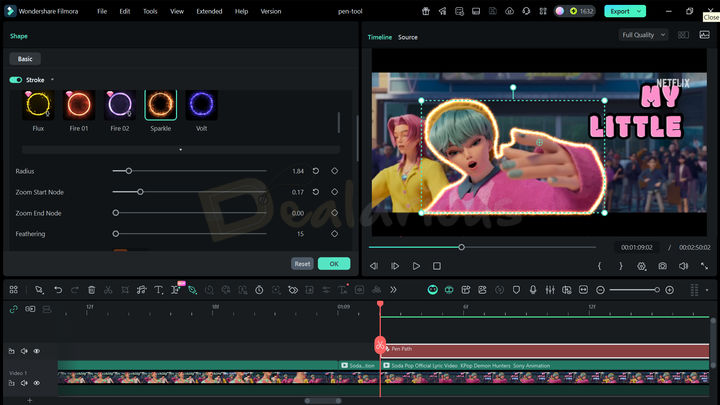 Using Pen Tool in Wondershare Filmora 15 Using Wondershare Filmora's Pen Tool around a video subject to create glowing stroke effect.