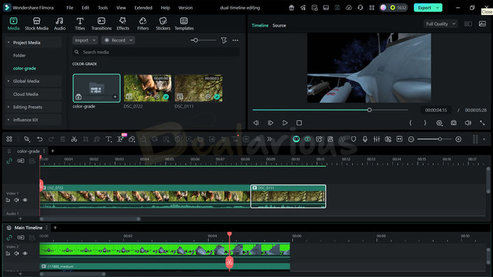 Wondershare Filmora 15 Dual Timeline Editing Filmora 15 dual timeline editing view with stacked video and audio tracks for precise control.