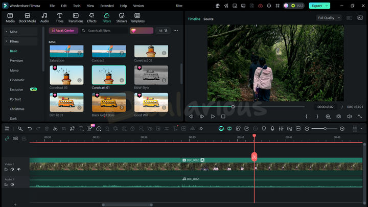 Wondershare Filmora 15 Filters Filmora 15 effects panel displaying filters and transitions applied to a video clip.