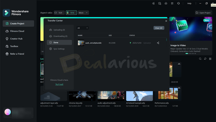 Wondershare Filmora 15 Project Management and Sharing Filmora 15 Transfer Center window showing project upload status and cloud sync options.