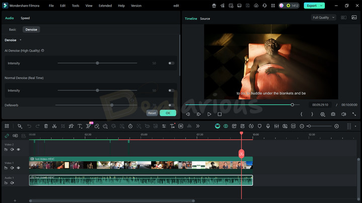 Wondershare Filmora AI Denoise Filmora Audio panel showing AI Denoise, Normal Denoise (Real-Time), DeReverb options with intensity sliders.