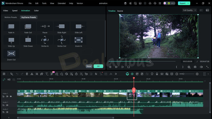 Wondershare Filmora Animation Filmora Animation panel displaying different keyframe preset options.