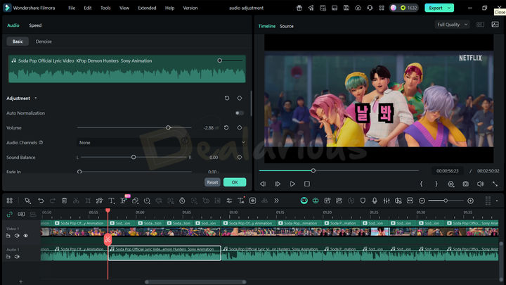 Wondershare Filmora Audio Adjustment Filmora 15 audio editing window showing volume, fade in, fade out, and audio channels, and auto normalization.