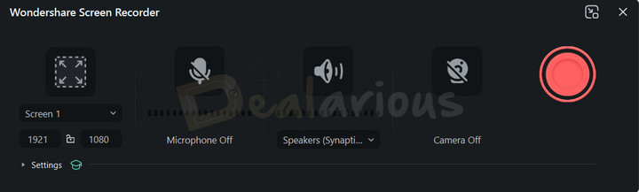 Wondershare Filmora Screen Recording Panel Filmora screen recording window displaying options for screen capture resolution, disabled microphone, active speakers, and camera off settings.