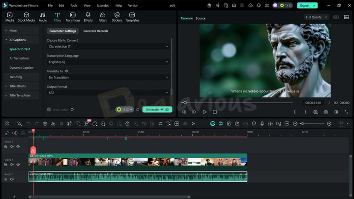 Wondershare Filmora Speech to Text Wondershare Filmora showing AI Speech Detection settings panel with file selection, transcription language, translation, and output format options.