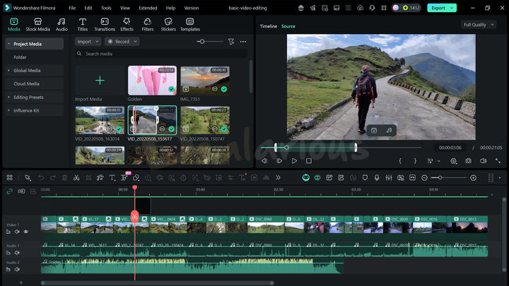 Wondershare Filmora video trimming In and out points marked in Filmora's preview panel for trimming.