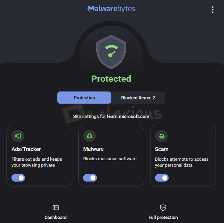 Malwarebytes Browser Guard Extension Malwarebytes Browser Guard extension showing two items blocked, with ads/trackers, malware, and scam protection enabled.