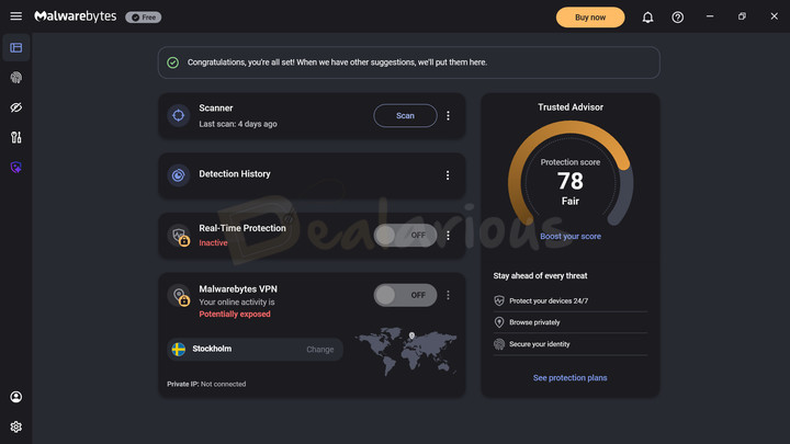 Malwarebytes Free Interface Malwarebytes Free dashboard showing scanner, detection history, and inactive real-time protection.