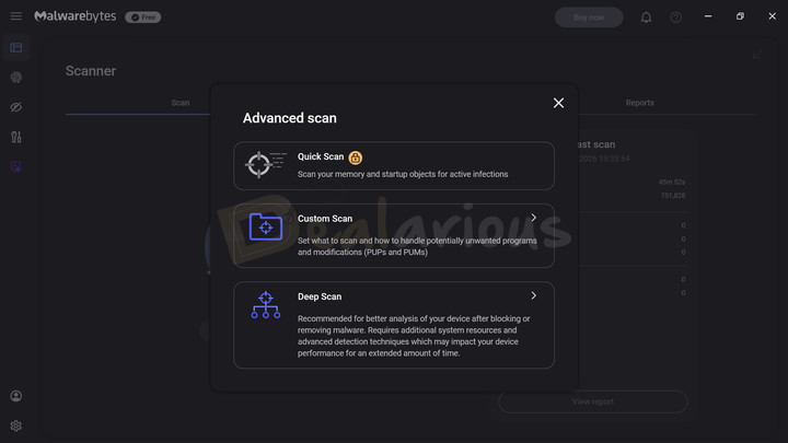 Malwarebytes Free Scanning Options Malwarebytes Free scan options screen with Quick Scan locked and Custom and Deep Scan options available.